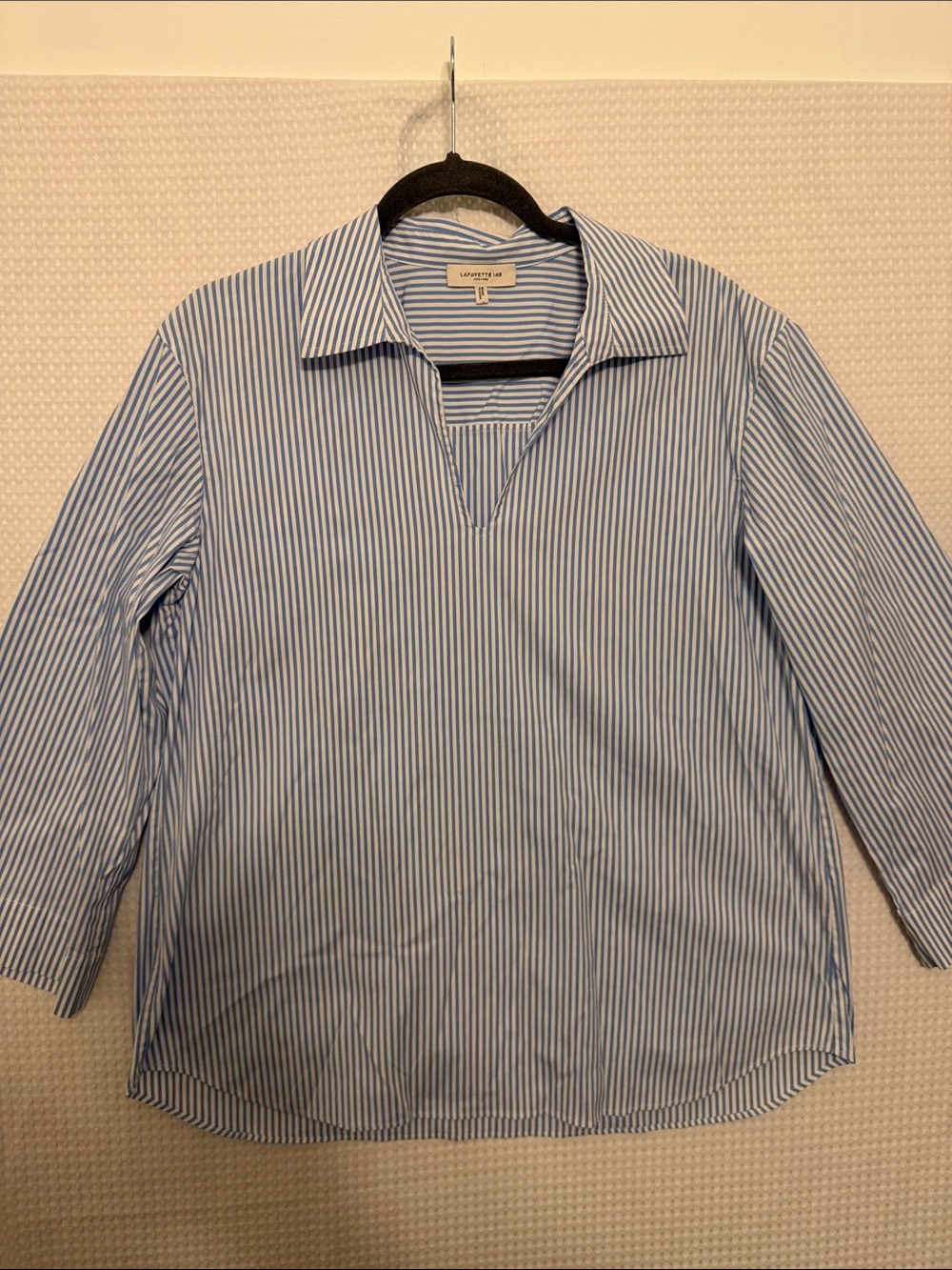 Lafayette 148 New York Blue and White Striped V-Notch Shirt
